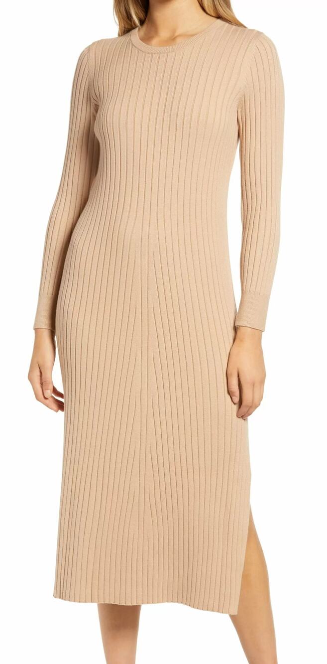 WAYF Dade + Emily Ribbed Knit Sweater Dress Midi Camel Open Back